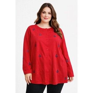 Quacker Factory Women’s Blouse Tunic Embroidery Red Nautical Anchor Top 3X‎